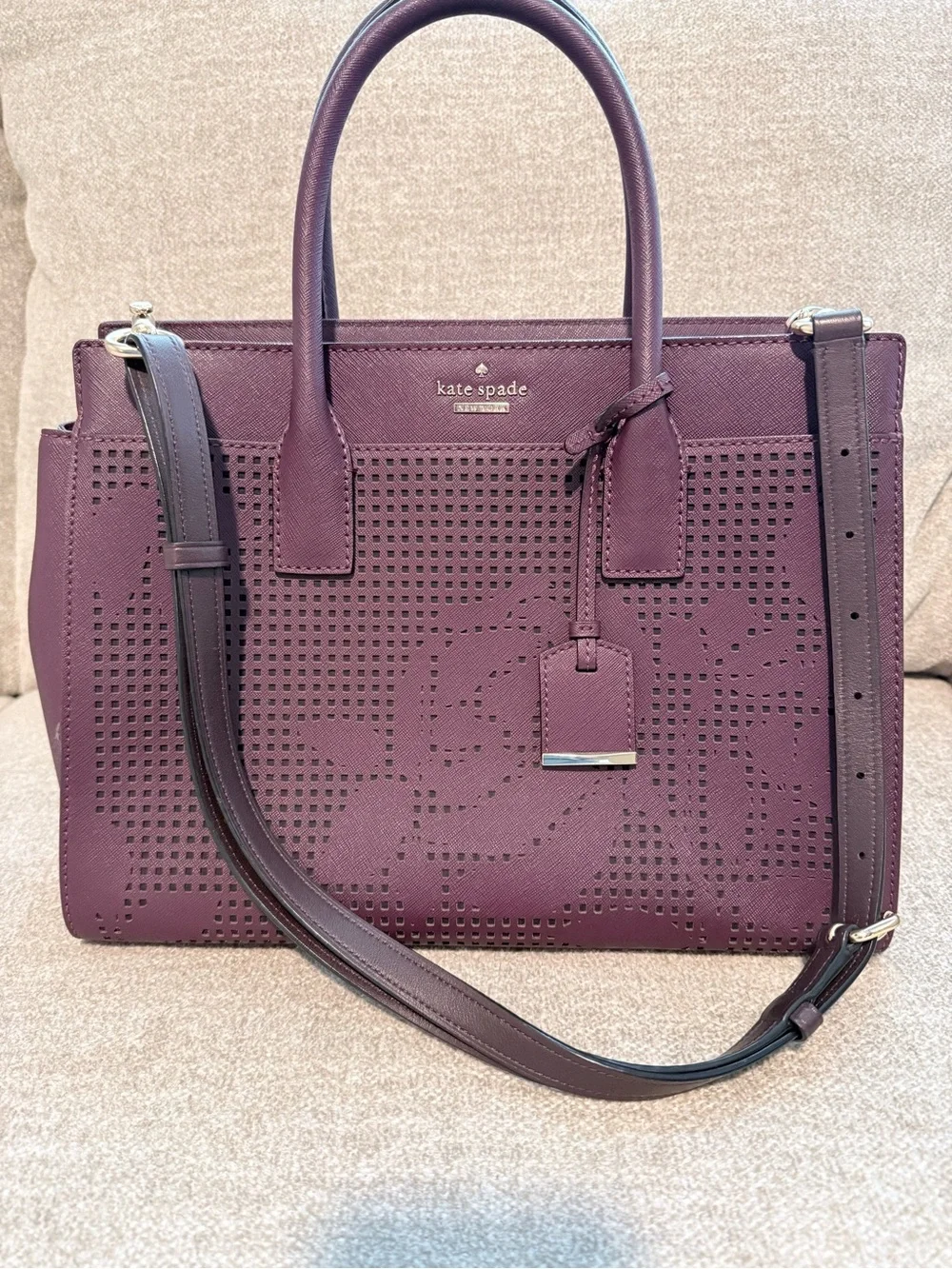 Kate Spade Plum Perforated Leather Satchel with Crossbody Strap